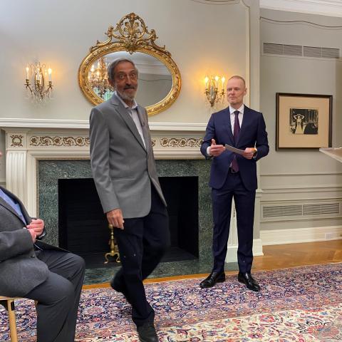 Abel laureate Gregory Margulis, Abel laureate Avi Wigderson, and Deputy Chief of Mission Torleiv Opland at The Norwegian Embassy in Washington D.C. 